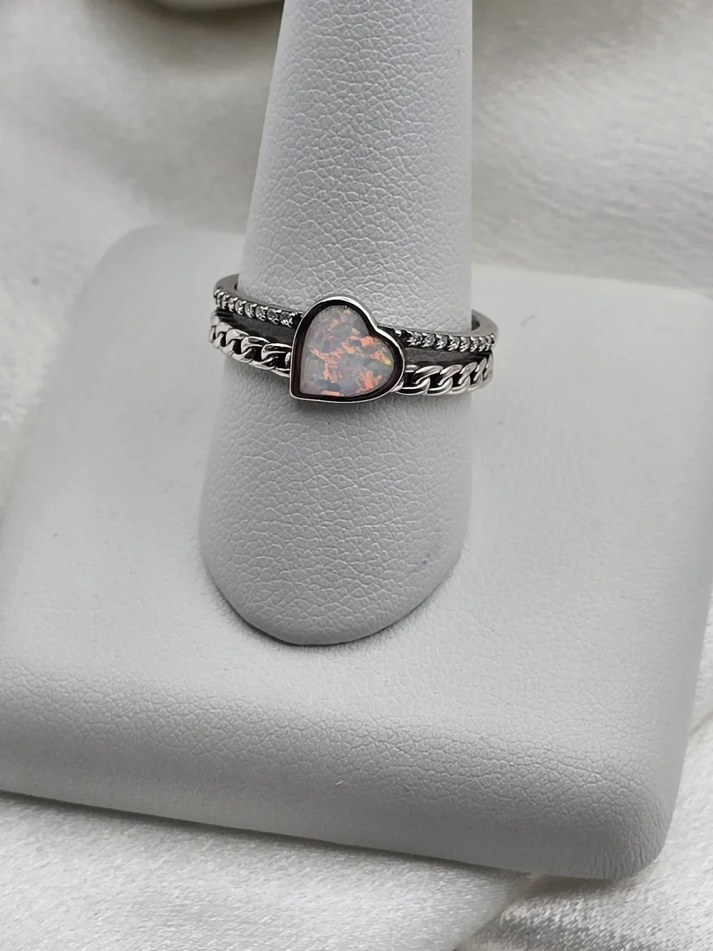 Sterling Silver 925 Created White Heart Opal Ring